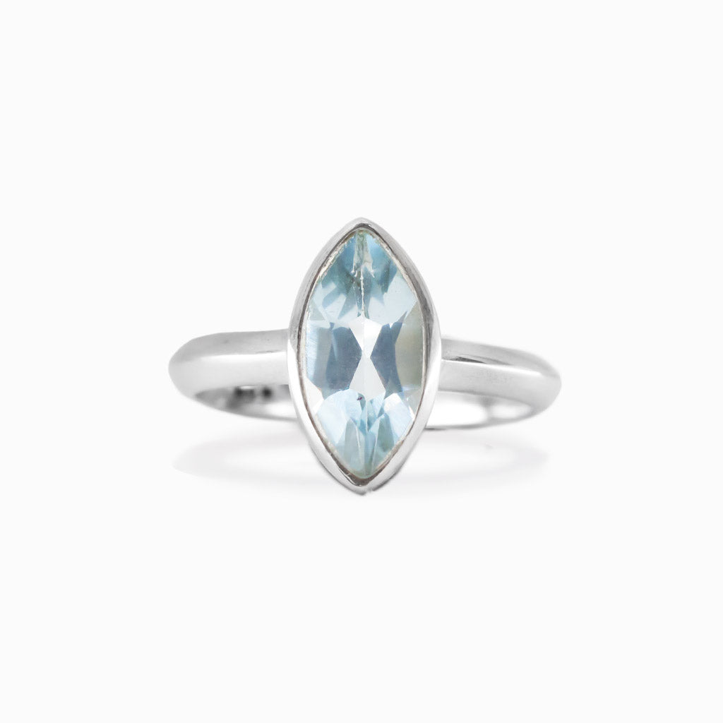Faceted marquise blue topaz ring in sterling silver