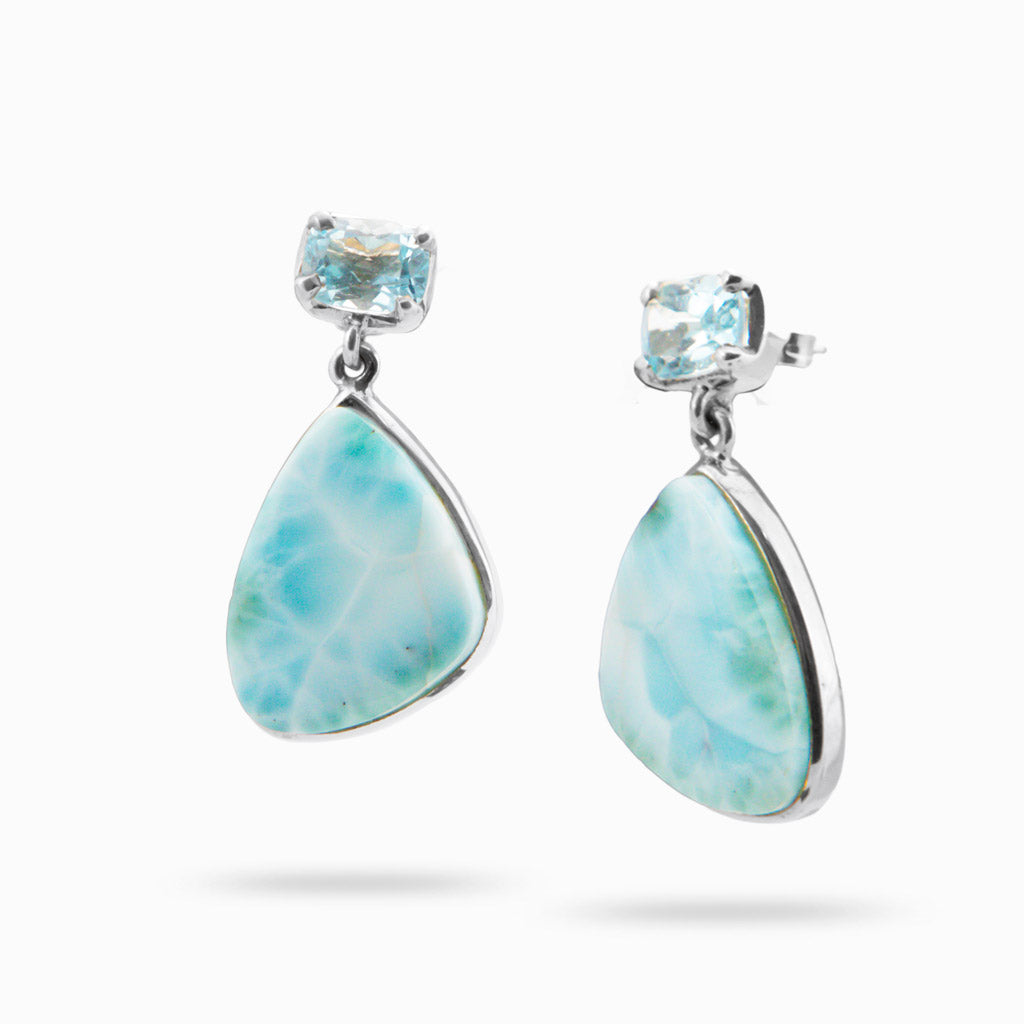 FACETED BLUE TOPAZ AND LARIMAR STUD DROP EARRINGS