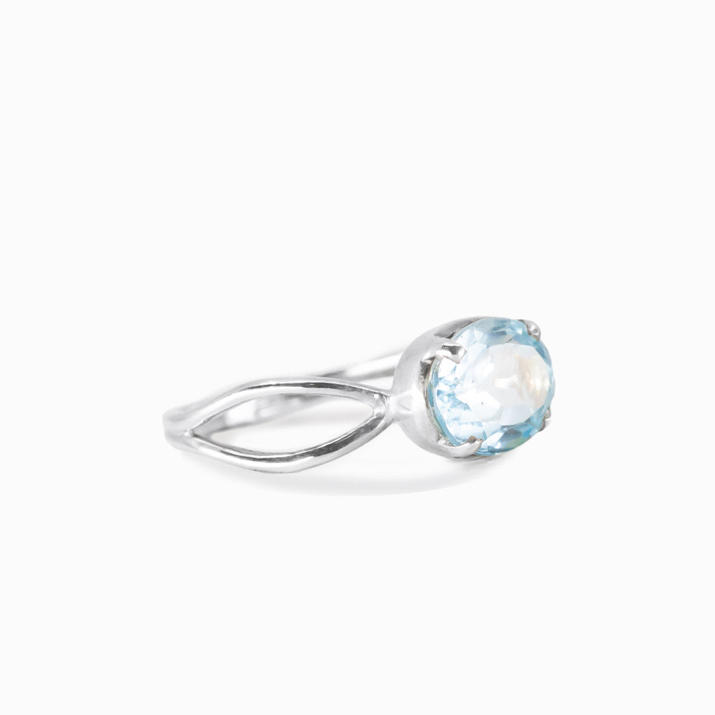 Faceted oval blue topaz claw ring in sterling silver