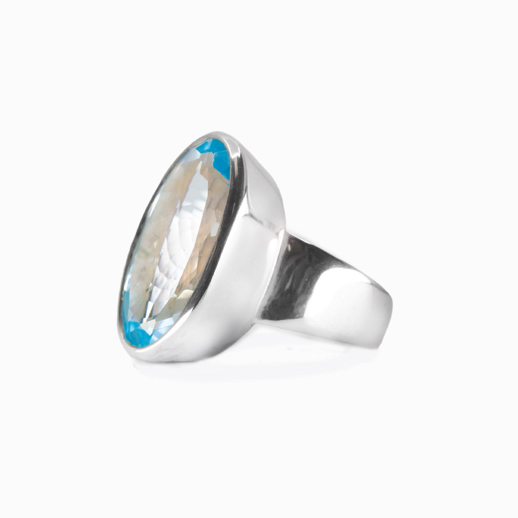 Faceted blue topaz oval ring in sterling silver with bright blue gemstone