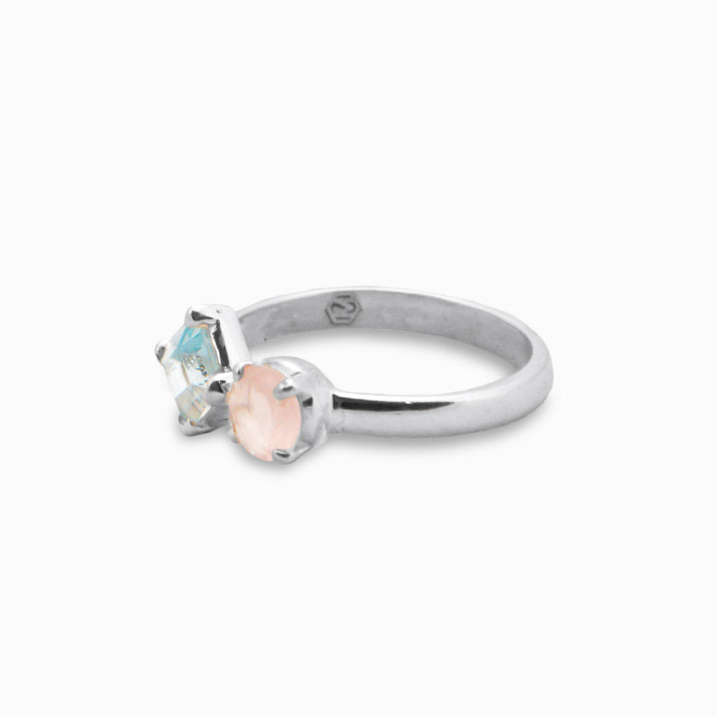 BLUE TOPAZ AND ROSE QUARTZ RING