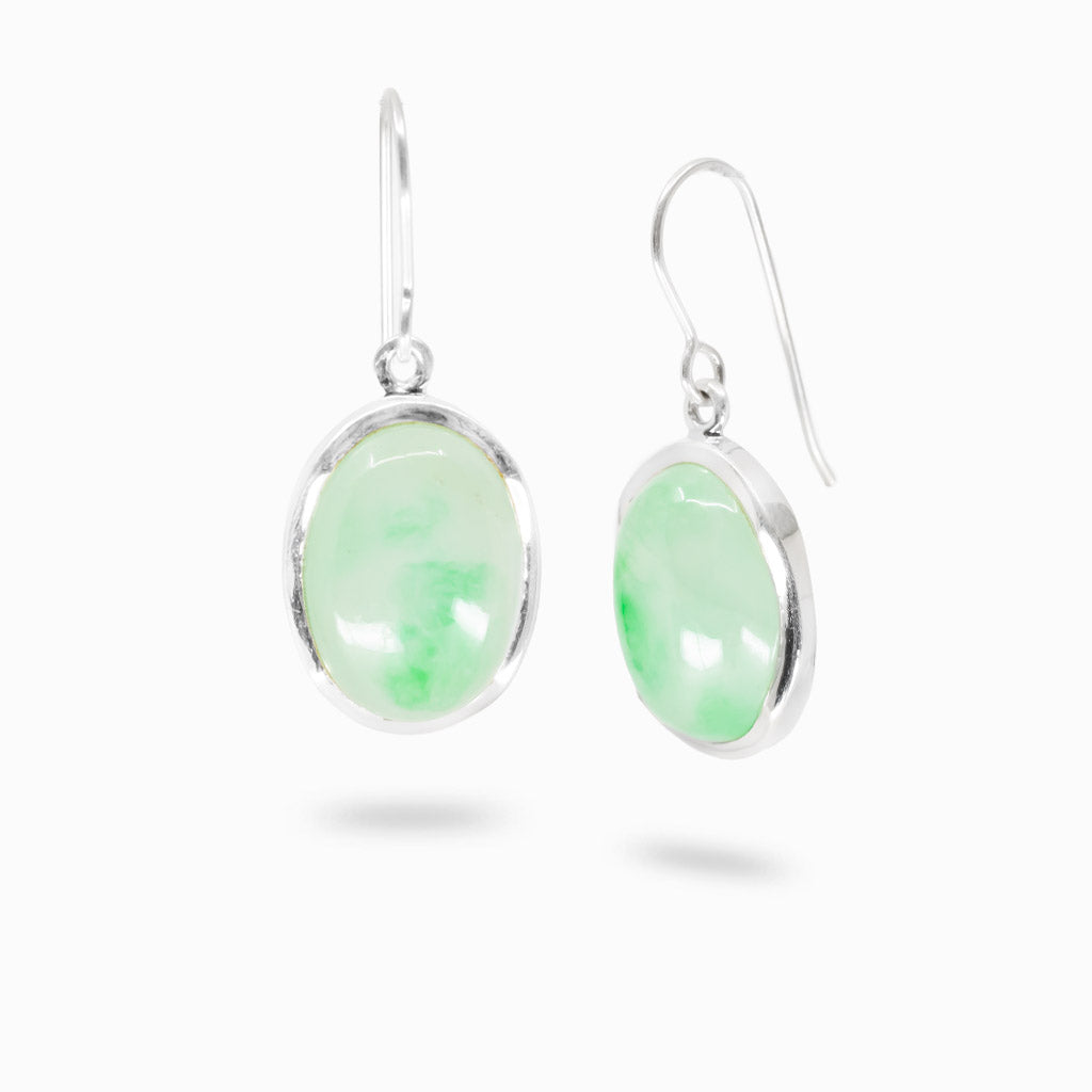 Oval Burmese jade drop earrings in sterling silver