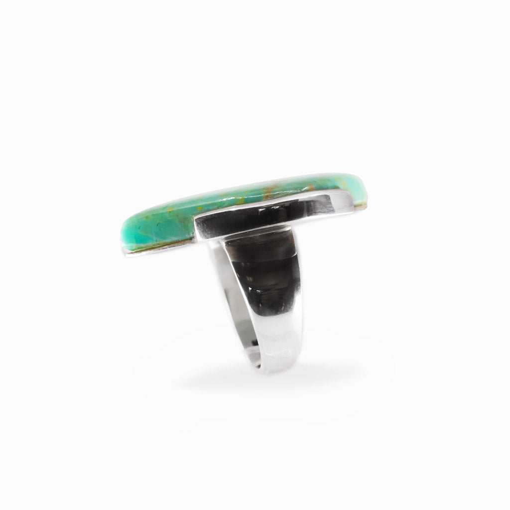 Campo Frio Turquoise freeform cabochon ring in polished sterling silver with aqua blue coloring and natural golden-brown matrix.