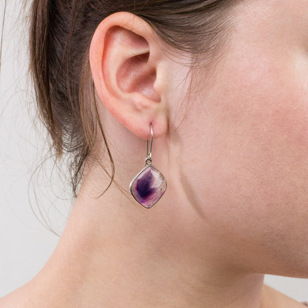 Elestial Quartz drop earrings on model