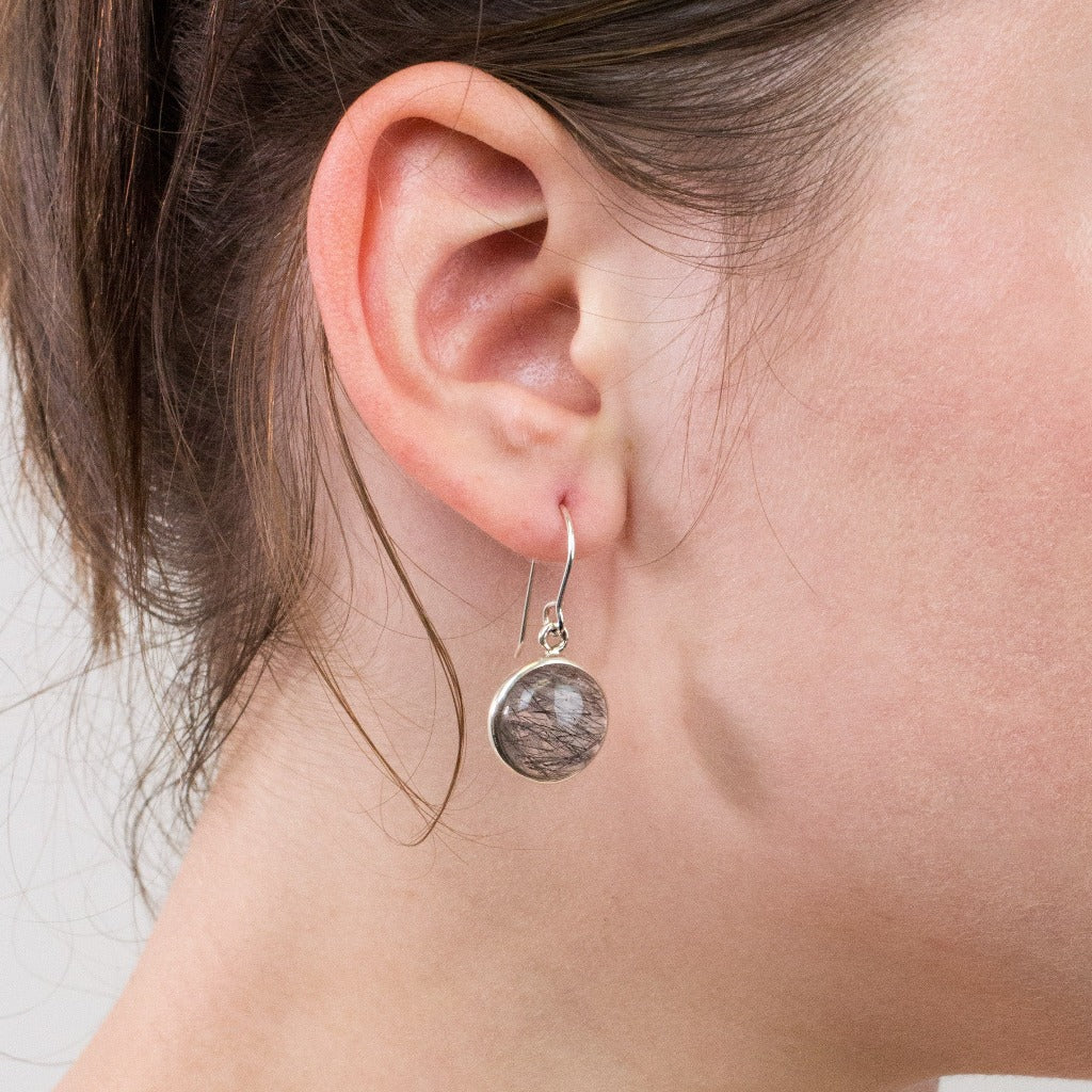 Tourmalinated Quartz drop earrings on model