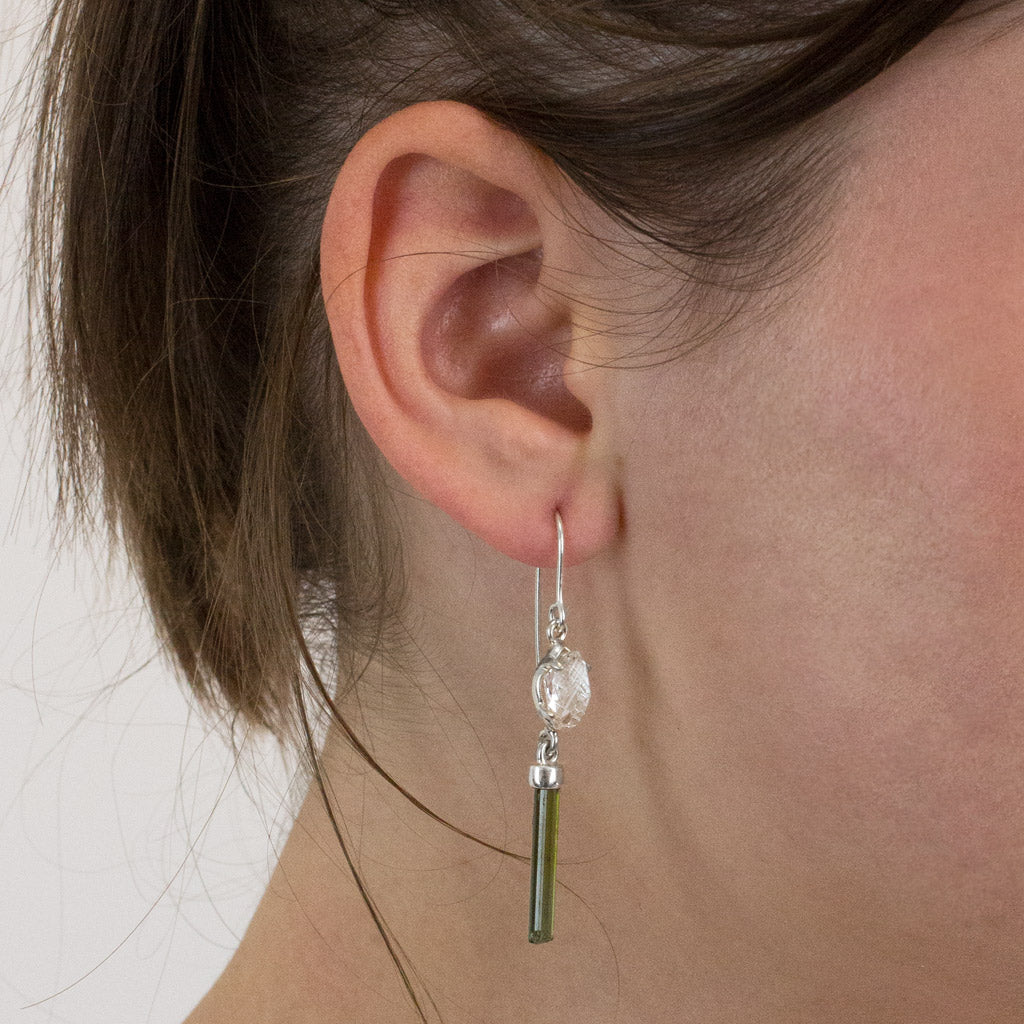 Green Tourmaline and Herkimer Diamond drop earrings on model