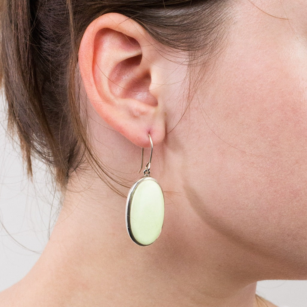 Lemon Chrysoprase drop earrings on model