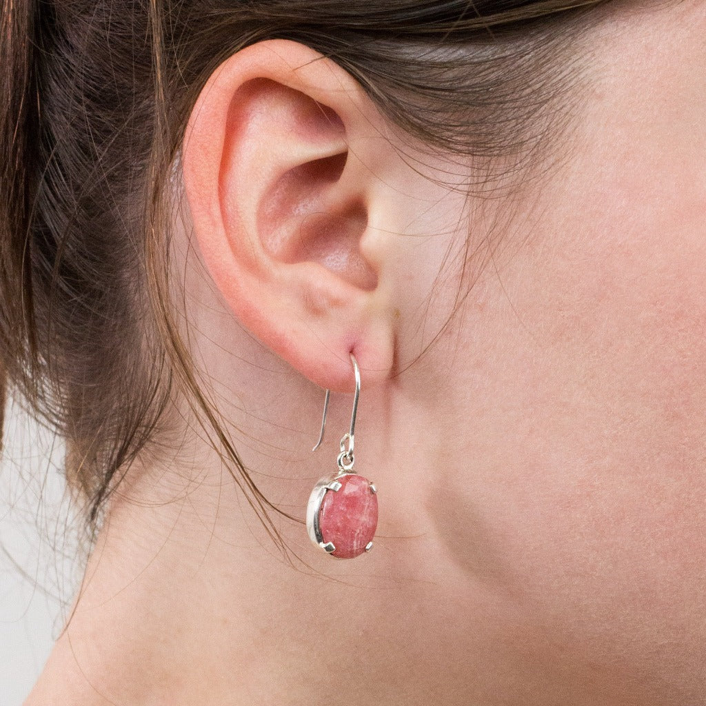 Rhodochrosite drop earrings on model