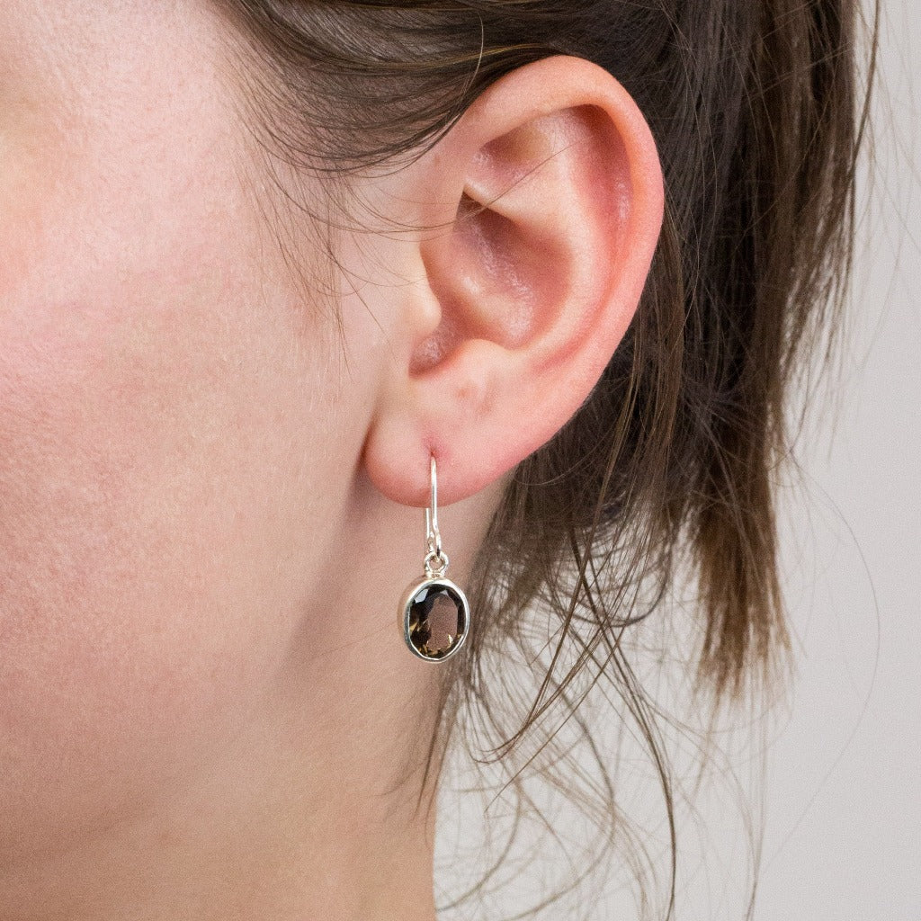 Smokey Quartz drop earrings on model
