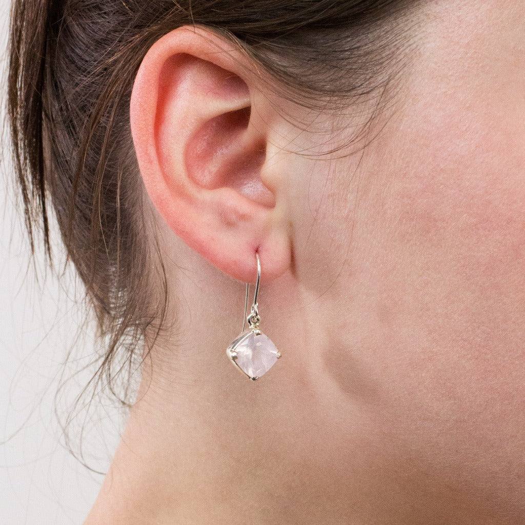 Rose Quartz drop earrings on model