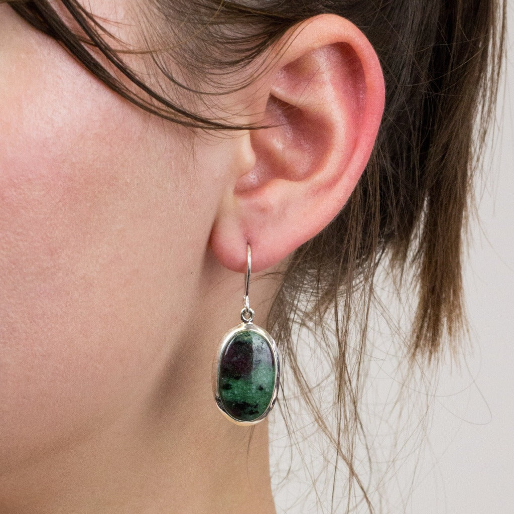 Ruby Zoisite drop earrings on model