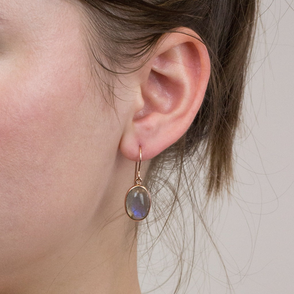 Rose Gold Labradorite earrings on model
