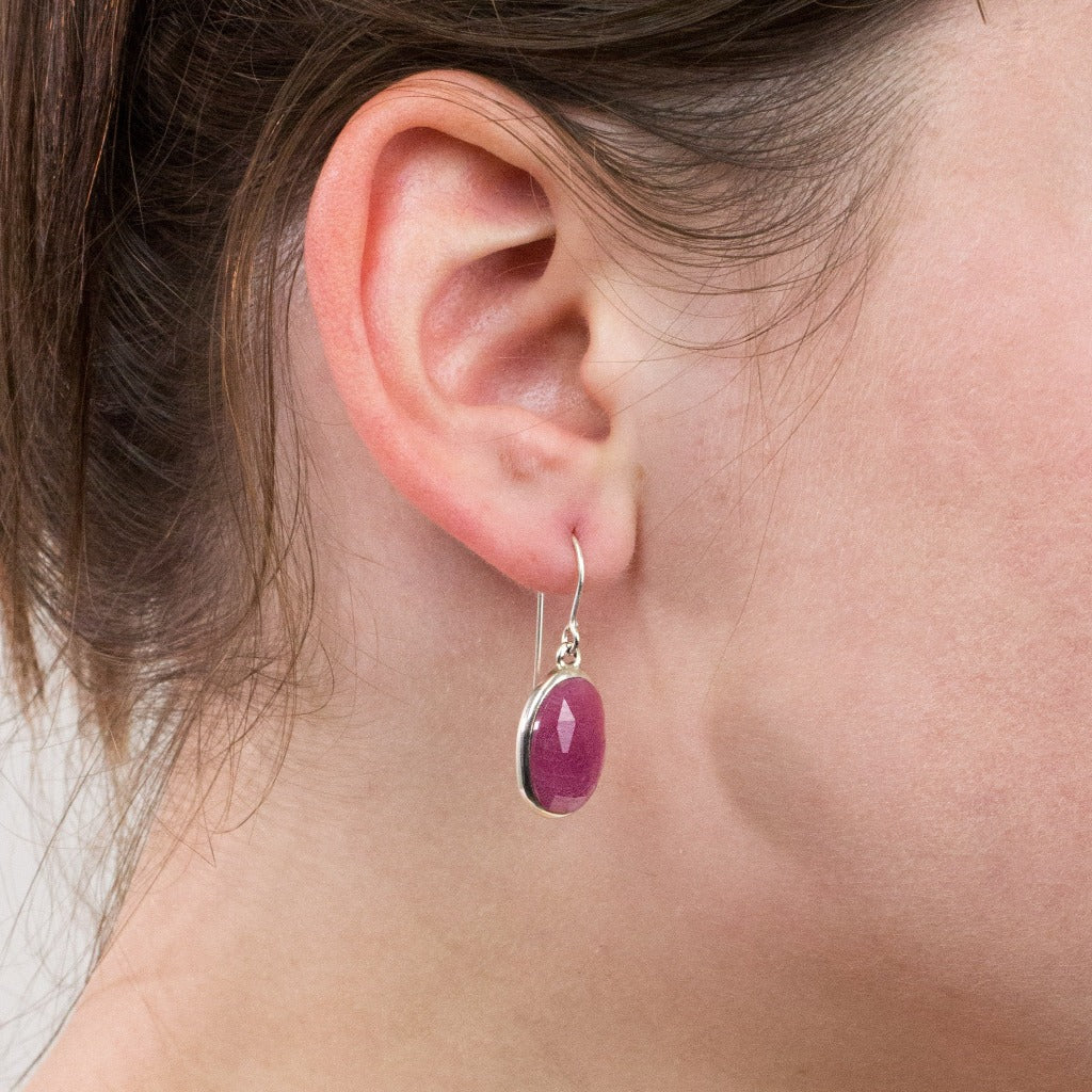 Ruby drop earrings on model