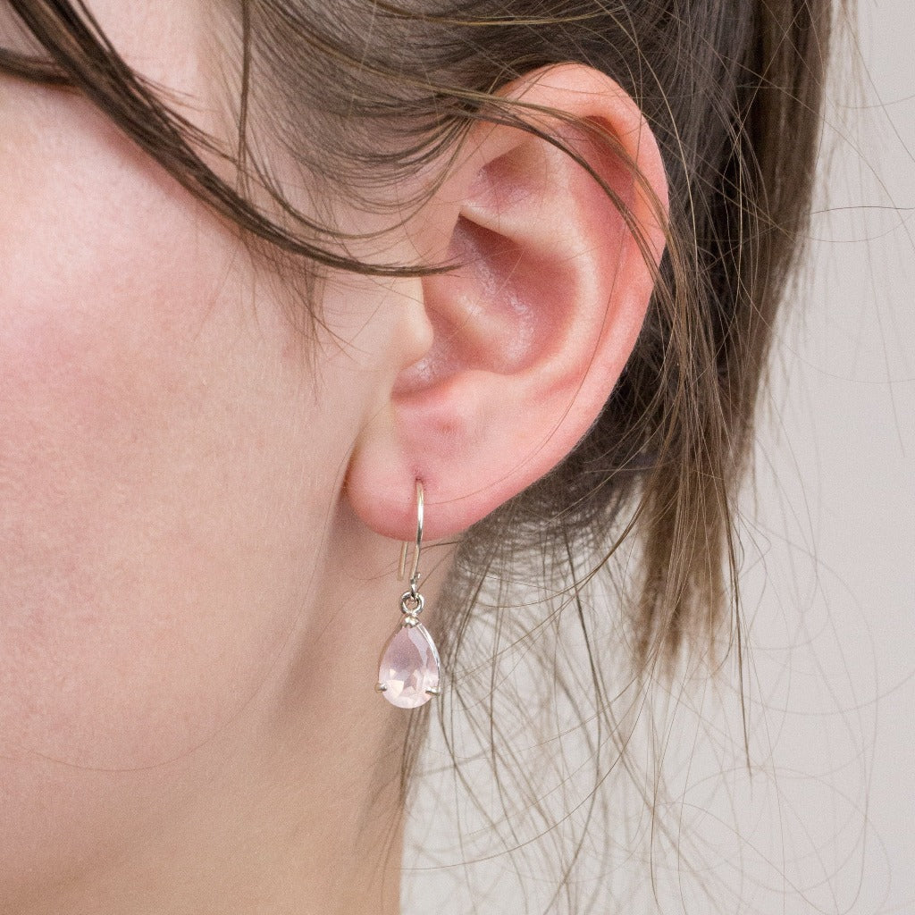 Rose Quartz drop earrings on model