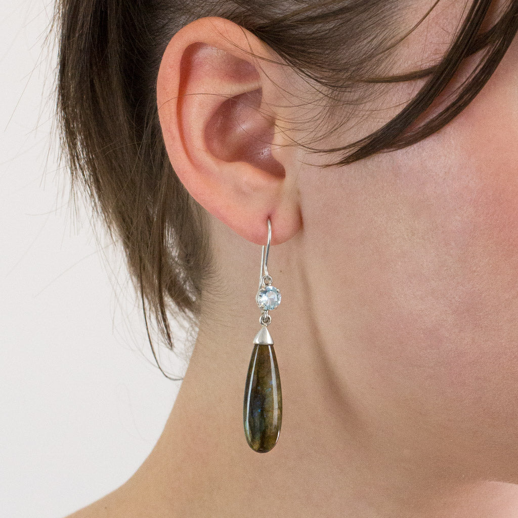 Labradorite and Blue Topaz drop earrings on model