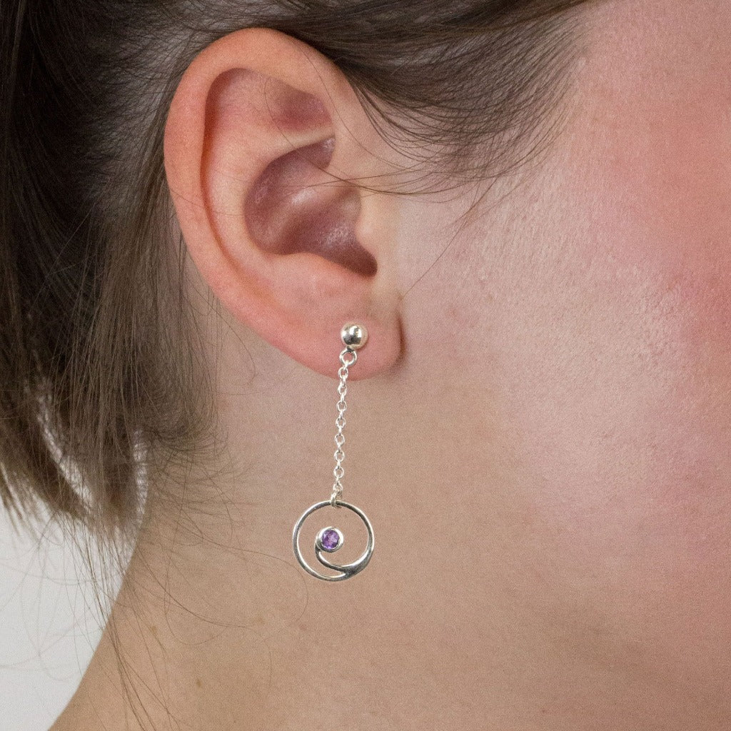 Amethyst stud drop earrings on model