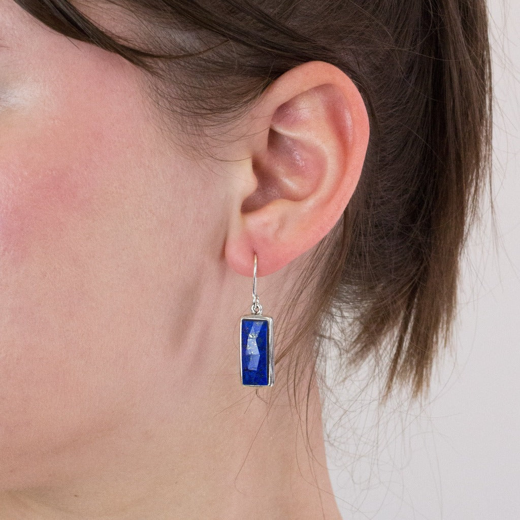 Lapis Lazuli drop earrings on model