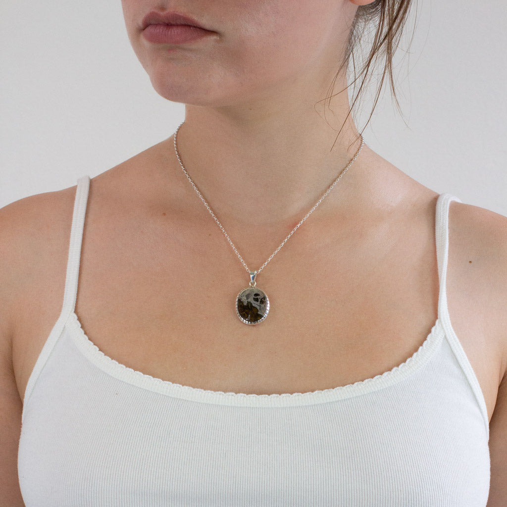 PALLASITE NECKLACE ON MODEL