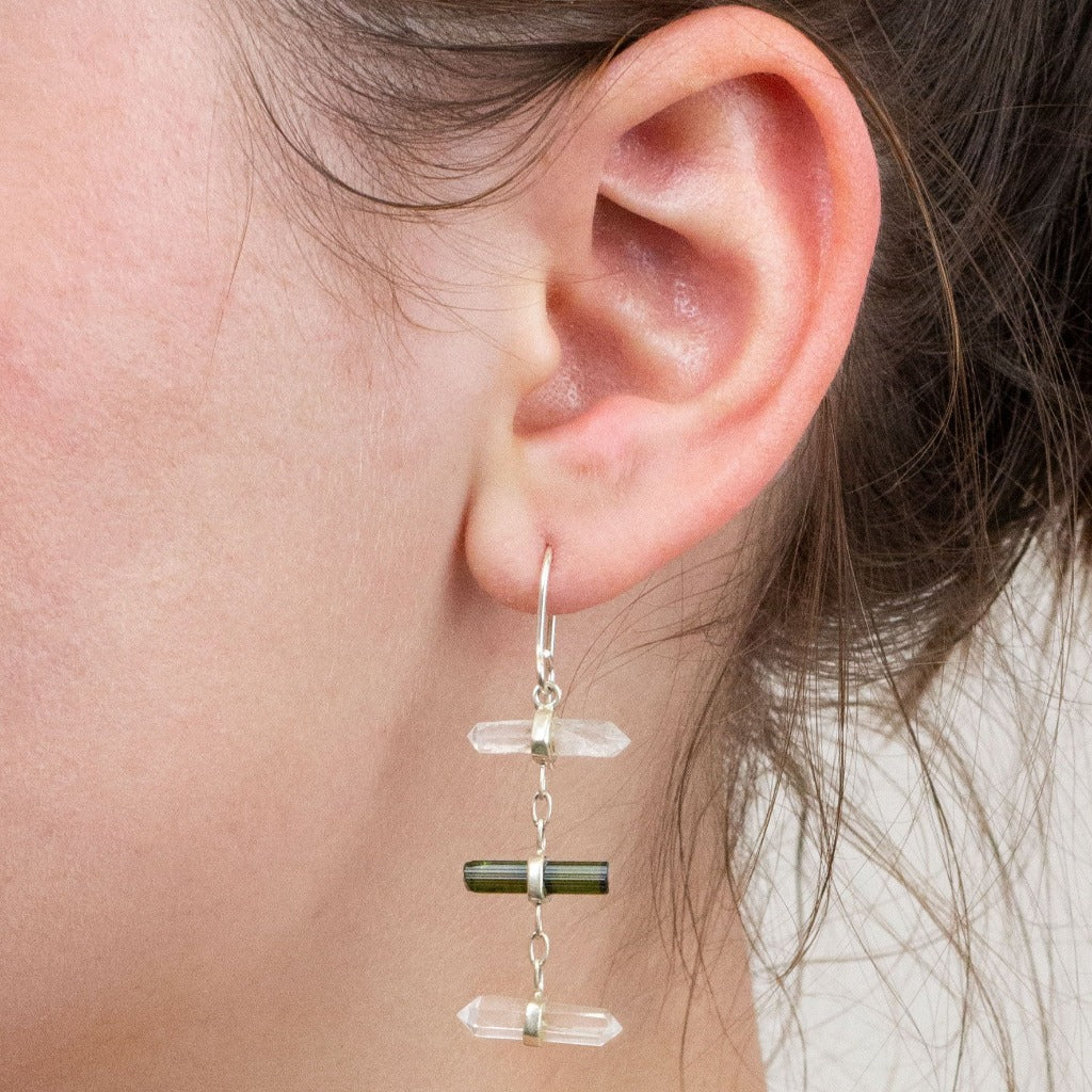 Laser Quartz and Green Tourmaline drop earrings on model