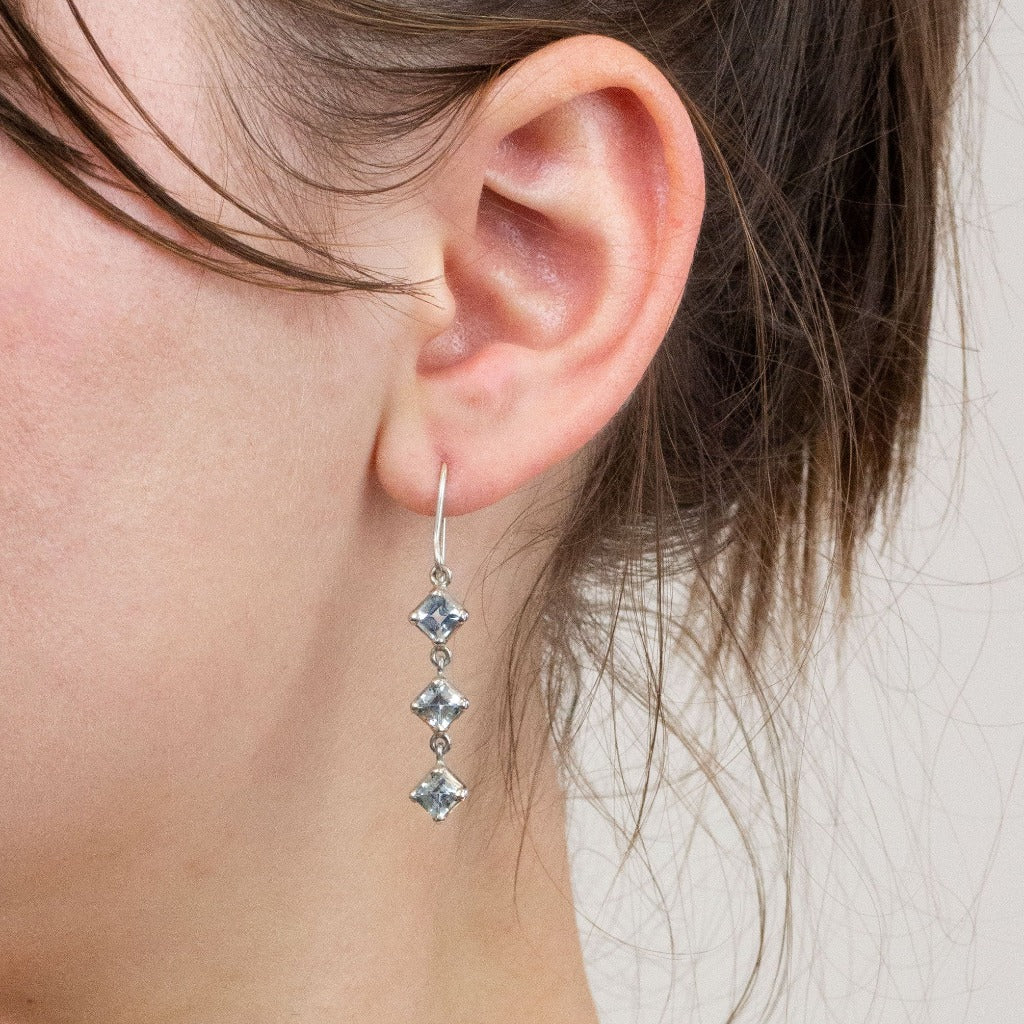 Aquamarine 3 drop earrings on model
