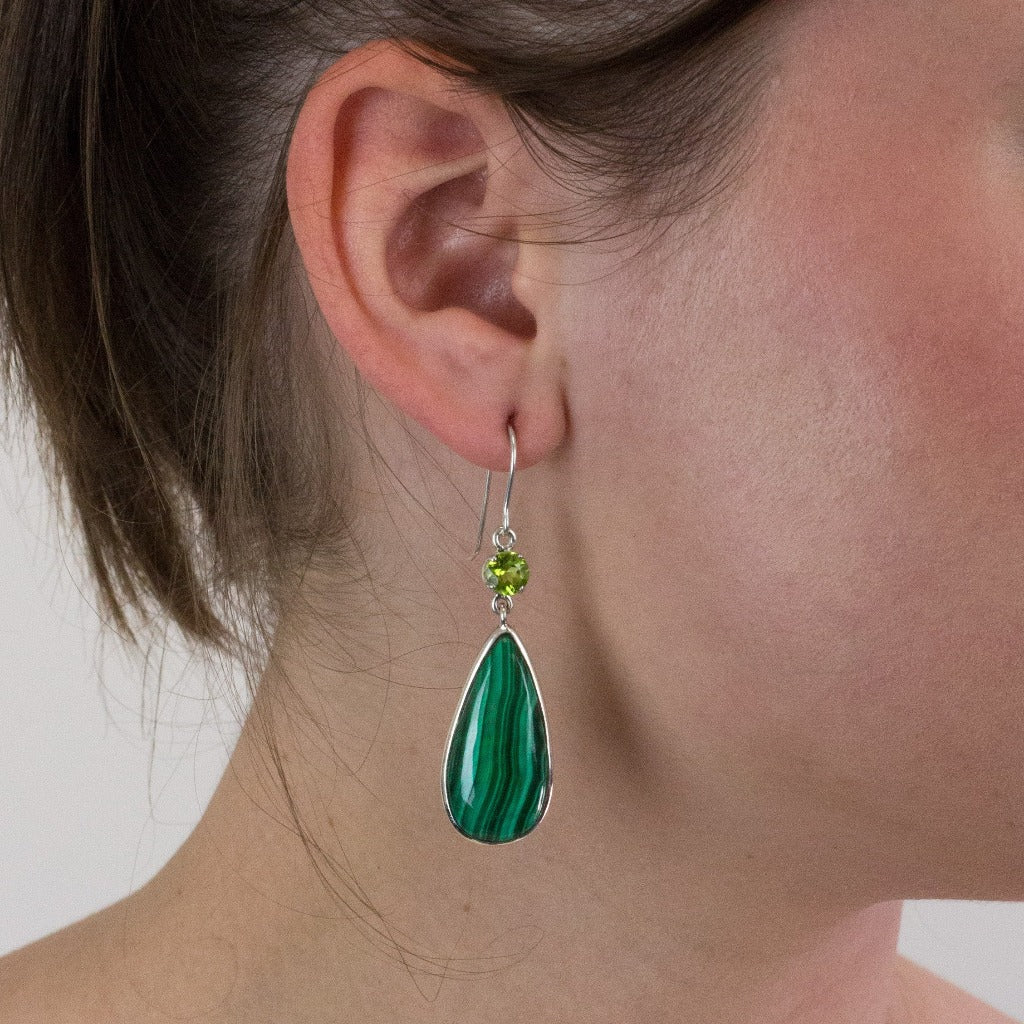 Peridot and Malachite drop earrings on model