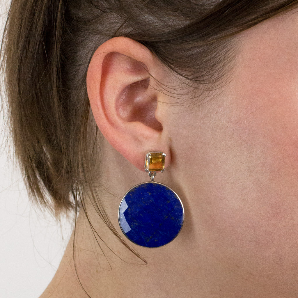 Lapis Lazuli and Citrine stud drop earrings on model