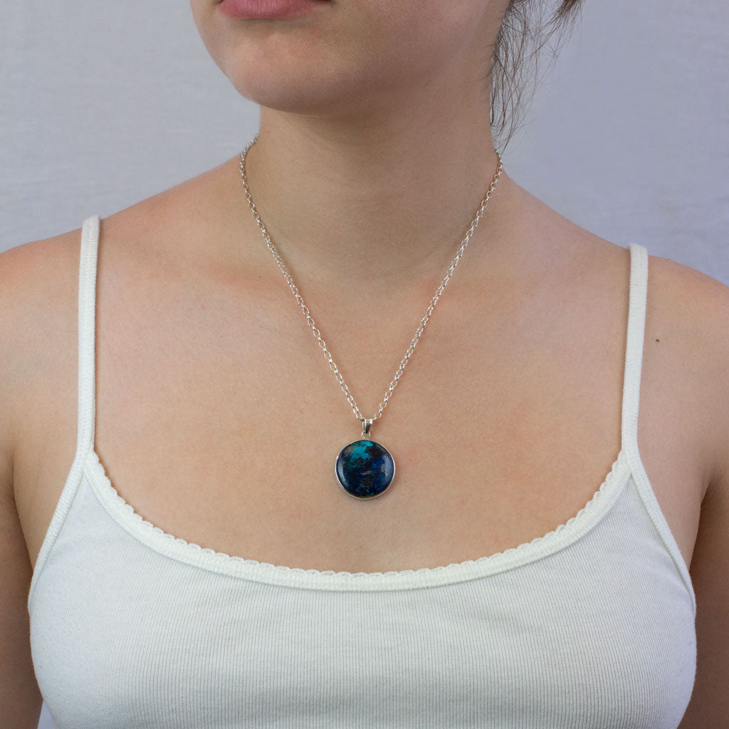 Shattuckite necklace on model