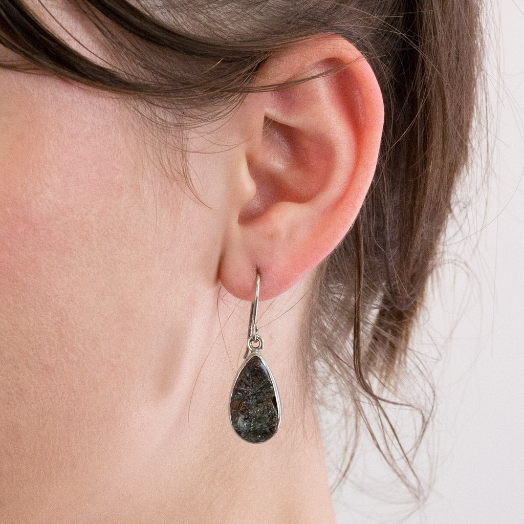 Astrophyllite drop earrings on model