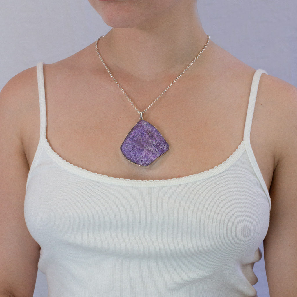raw Sugilite necklace on model