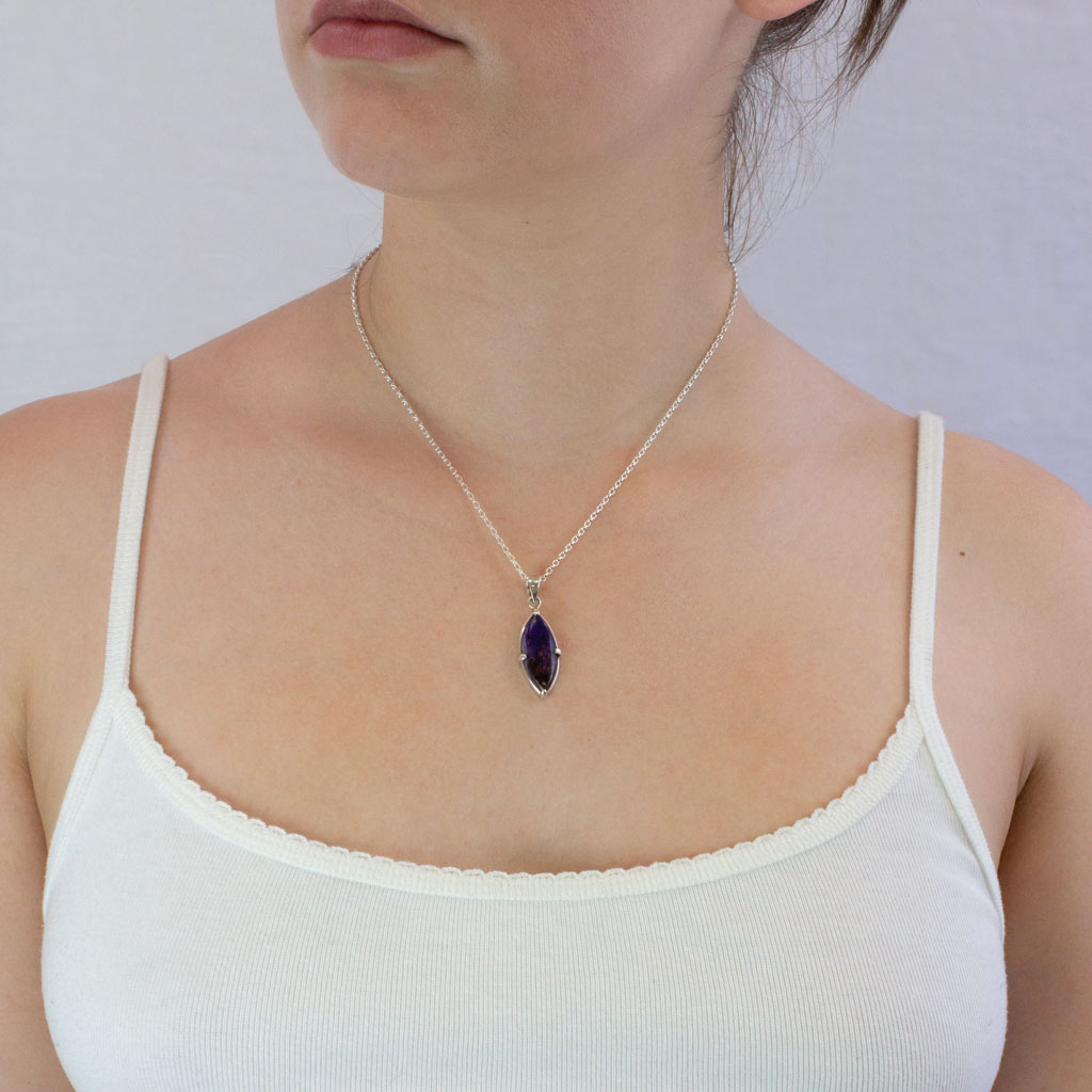 Sugilite necklace on model