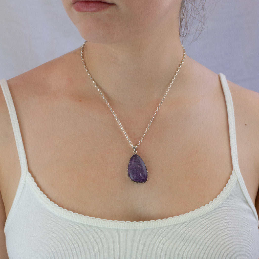 Purpurite necklace on model