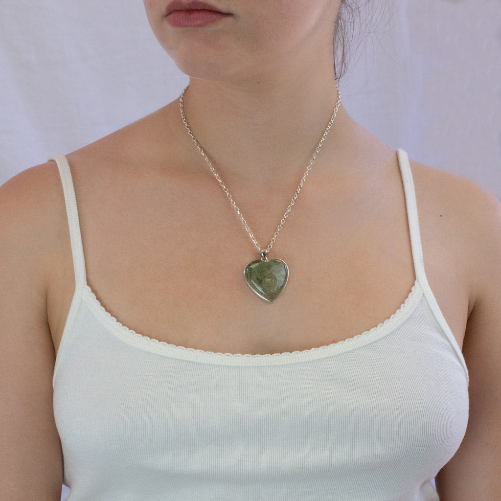 Epidote in Prehnite necklace on model