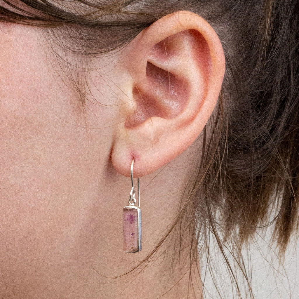 Pink Tourmaline drop earrings on model