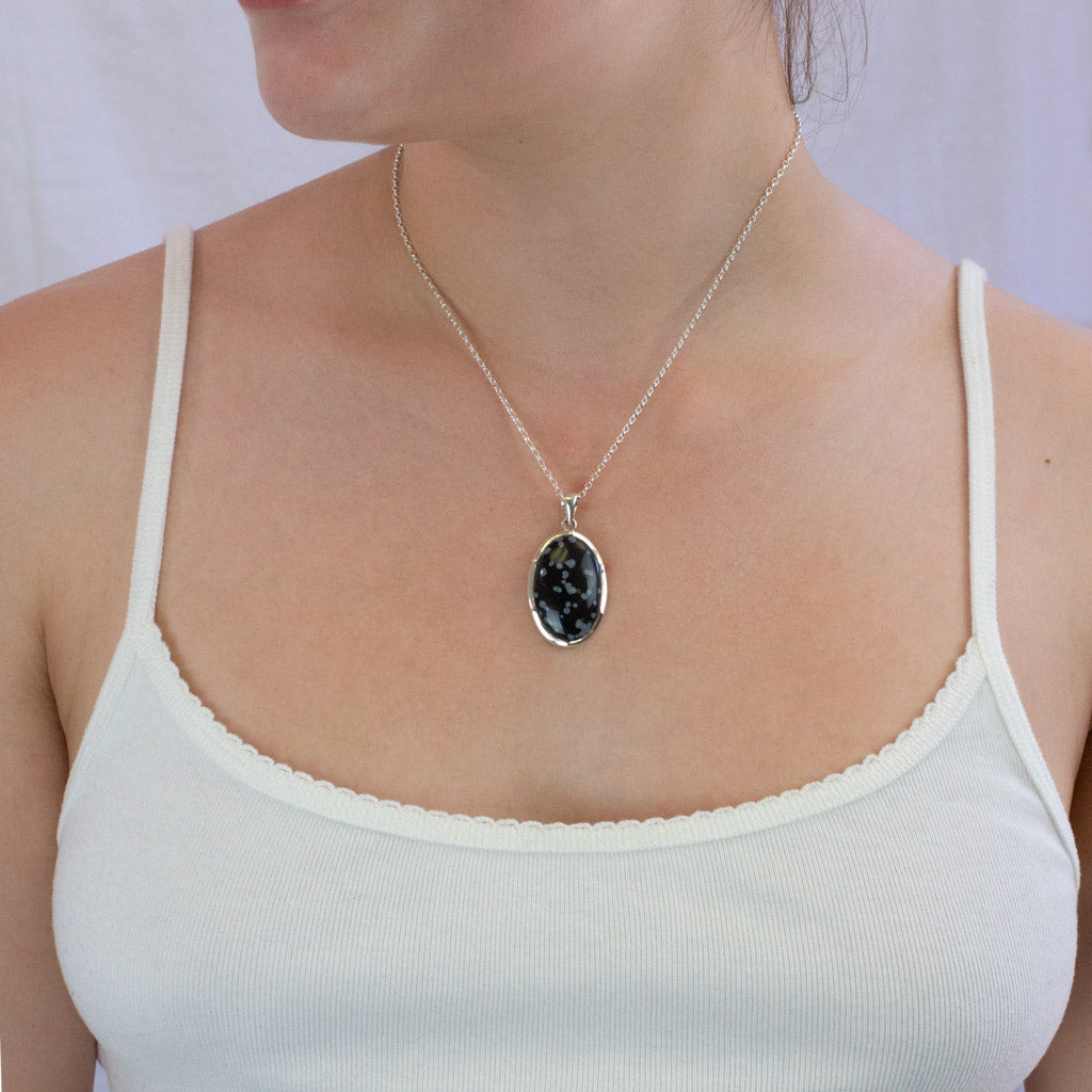 Snowflake Obsidian necklace on model
