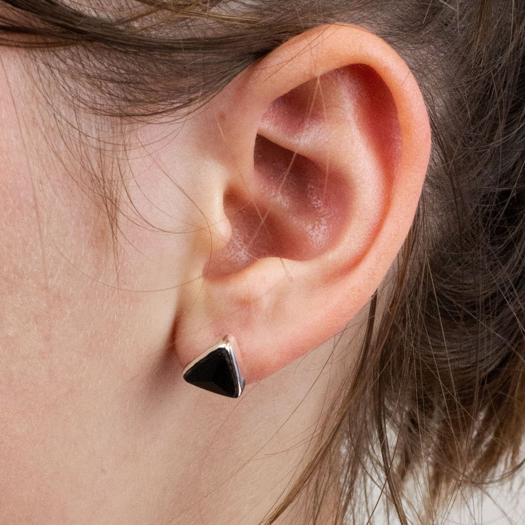 Black Tourmaline stud earrings on model