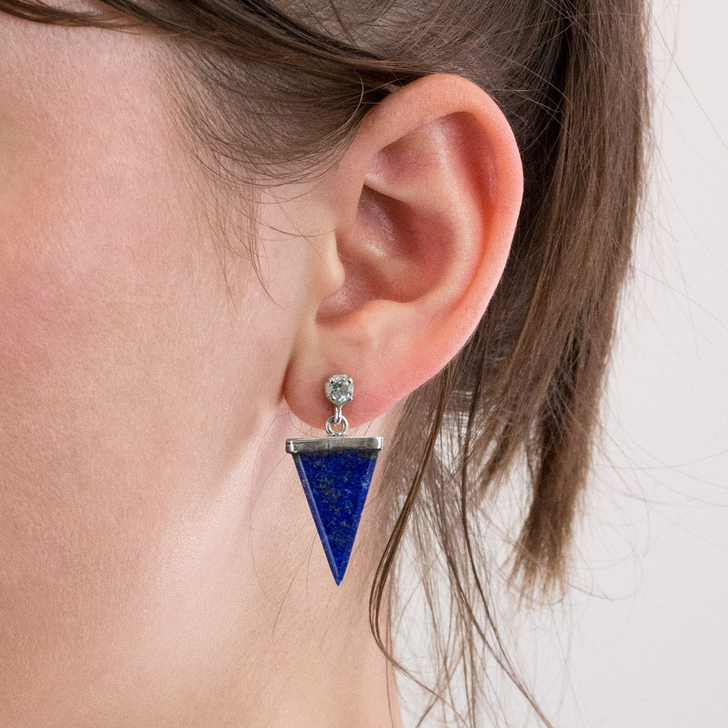 Lapis Lazuli and Blue Topaz stud drop earrings on model