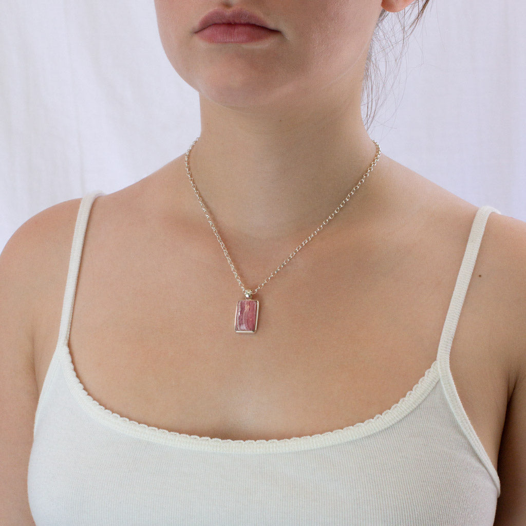 Rhodochrosite necklace on model