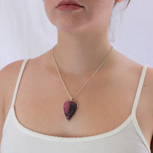 Faceted Tear Rhodonite necklace on model