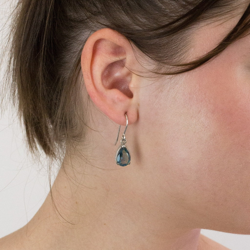 Fluorite drop earrings on model