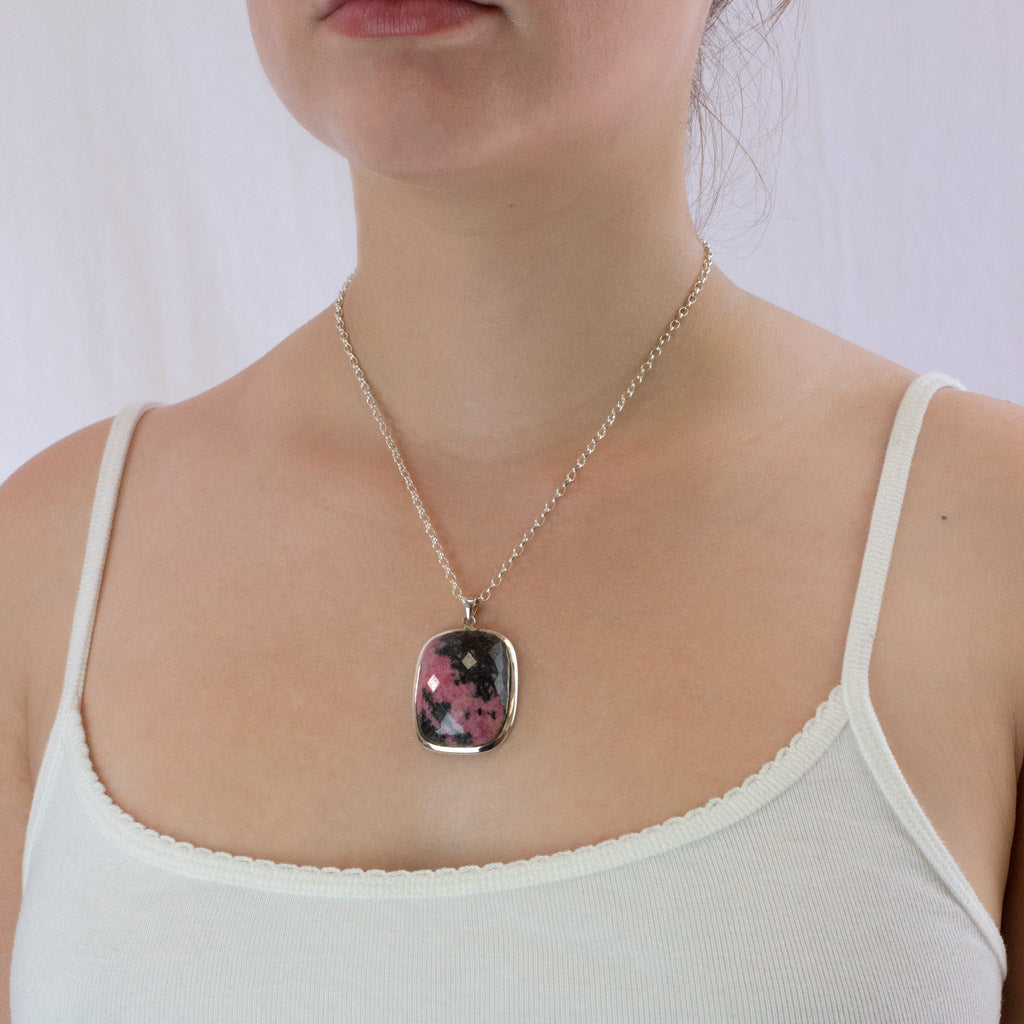 Faceted Rectangle Rhodonite necklace on model