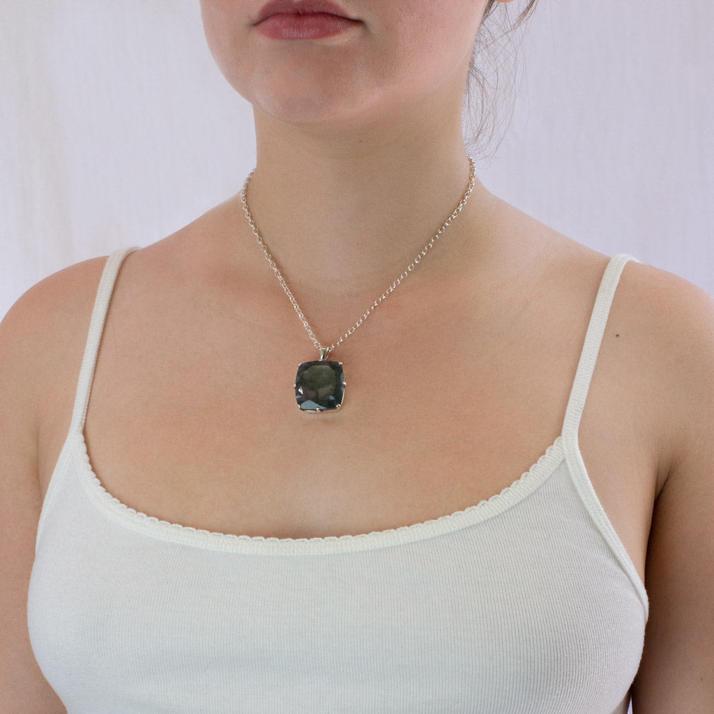 Faceted Moss Agate necklace on model