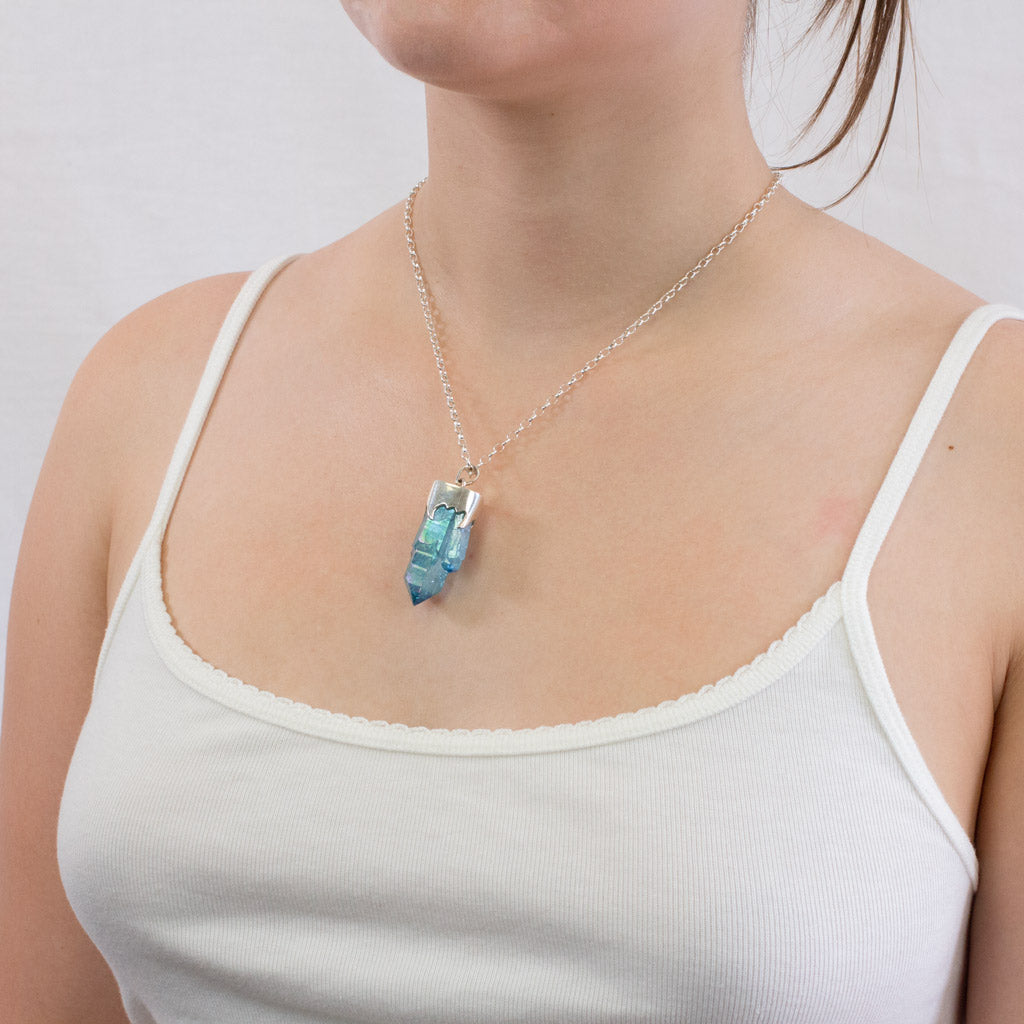 Faceted Point Aquaprase necklace on model
