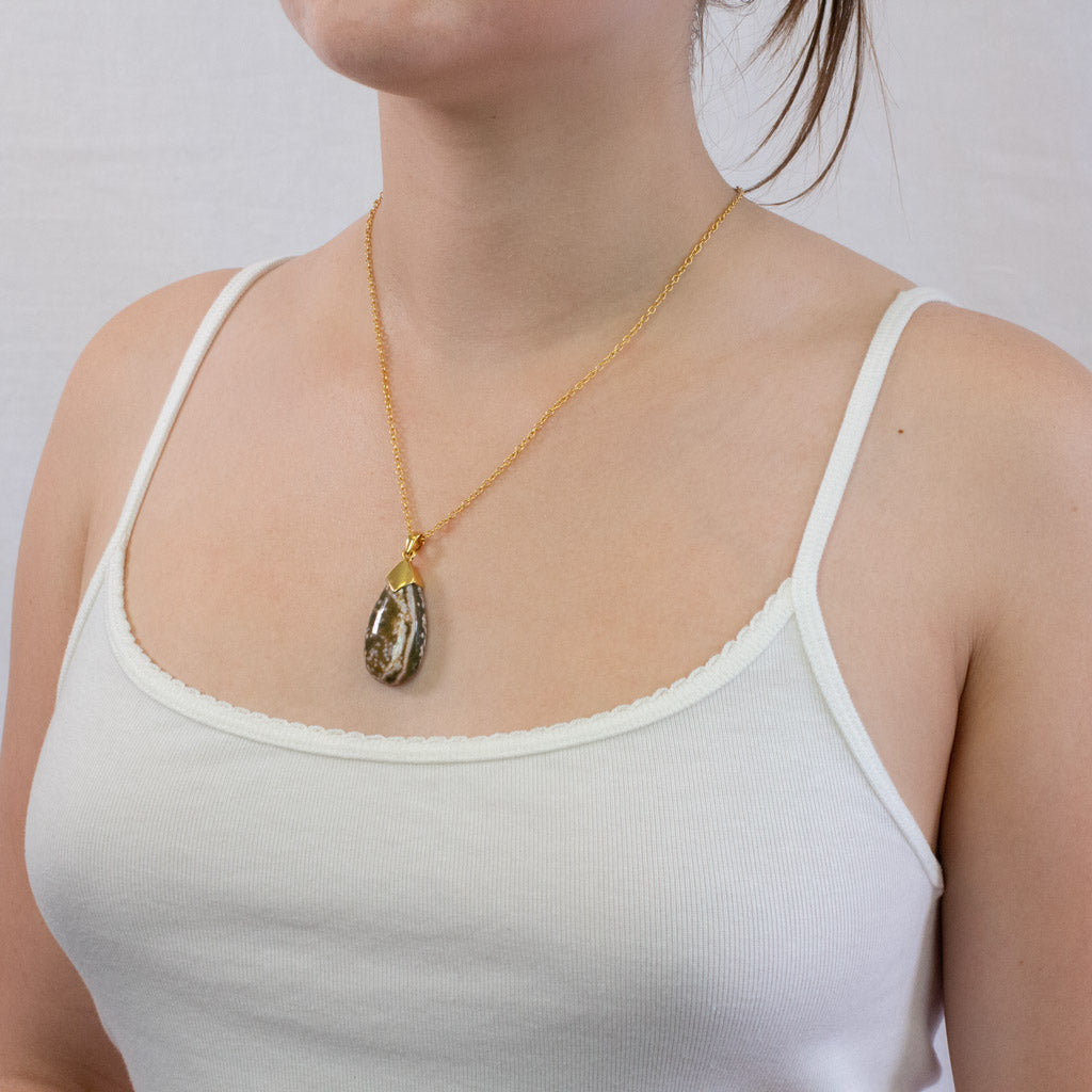 Ocean Spray Agate necklace on model