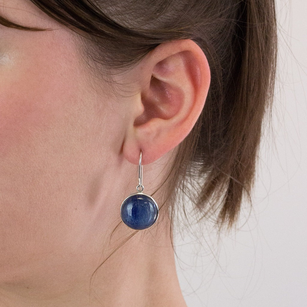 Kyanite drop earrings on model