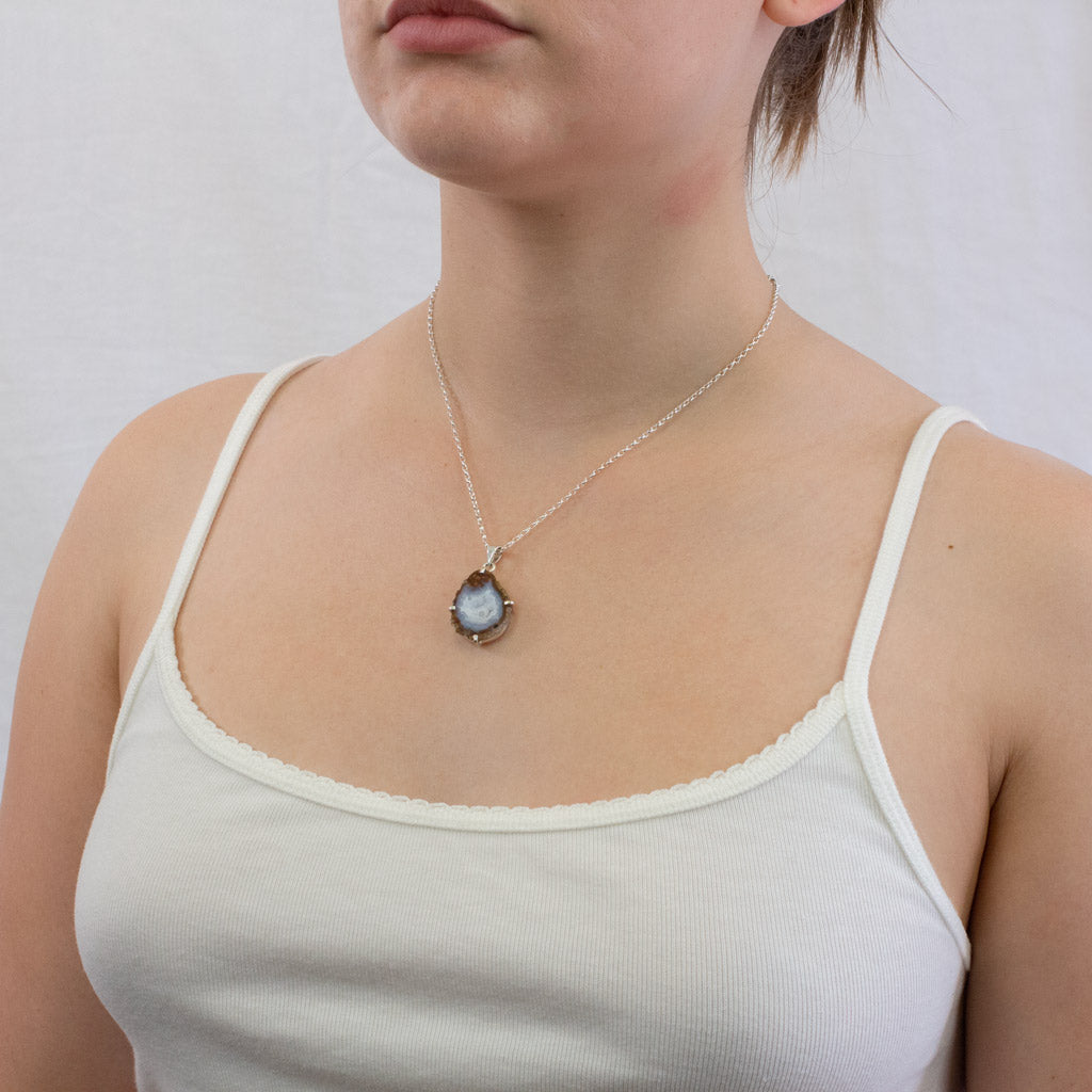 Druzy Agate Geode necklace on model