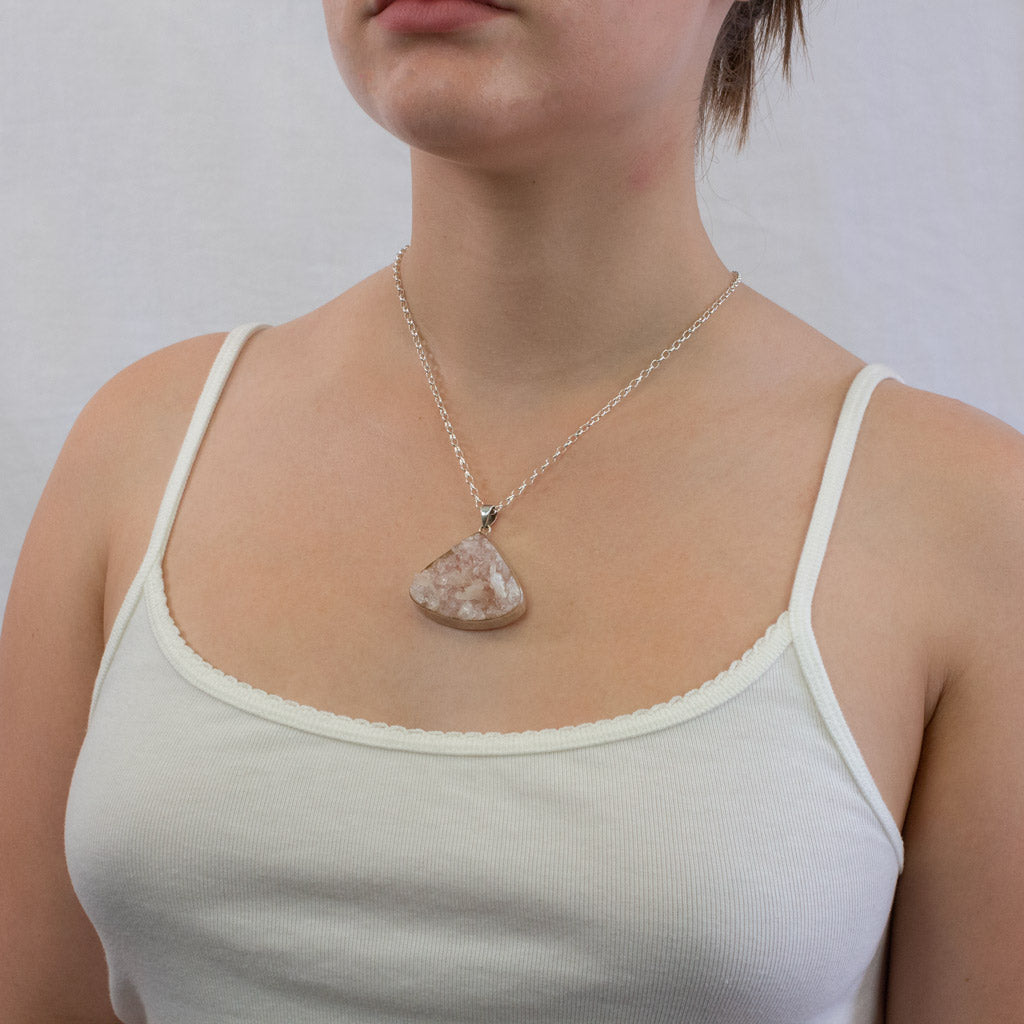TRIANGLE SHAPED PINK DRUZY STERLING SILVER APOPHYLLITE NECKLACE