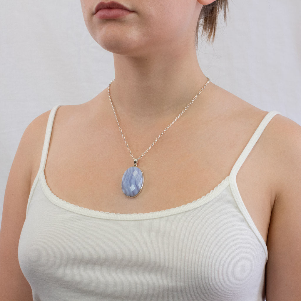 Blue Lace Agate necklace on model