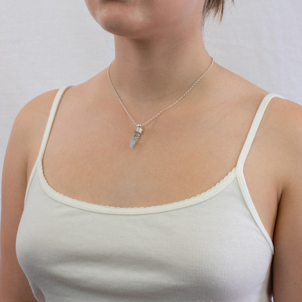 Aquamarine and Black Tourmaline necklace on model