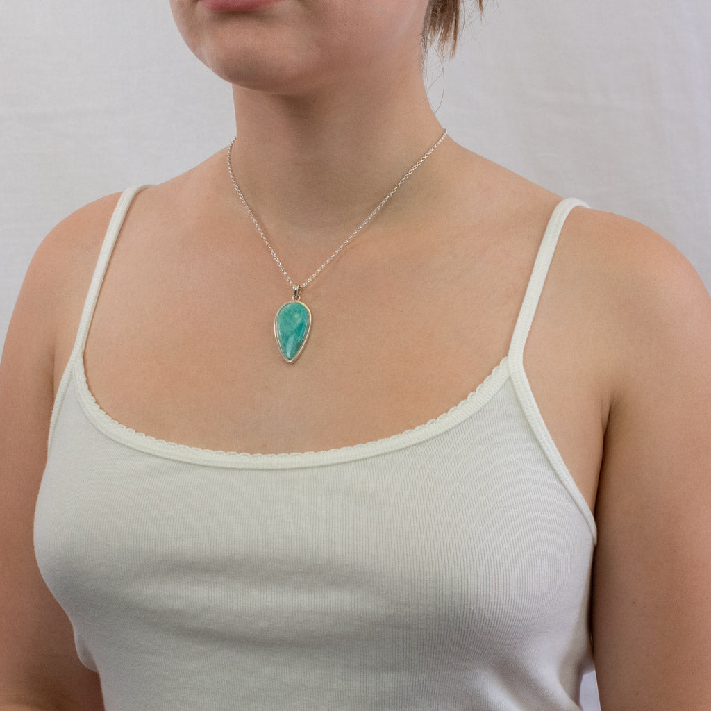 Cabochon Tear Amazonite necklace on model