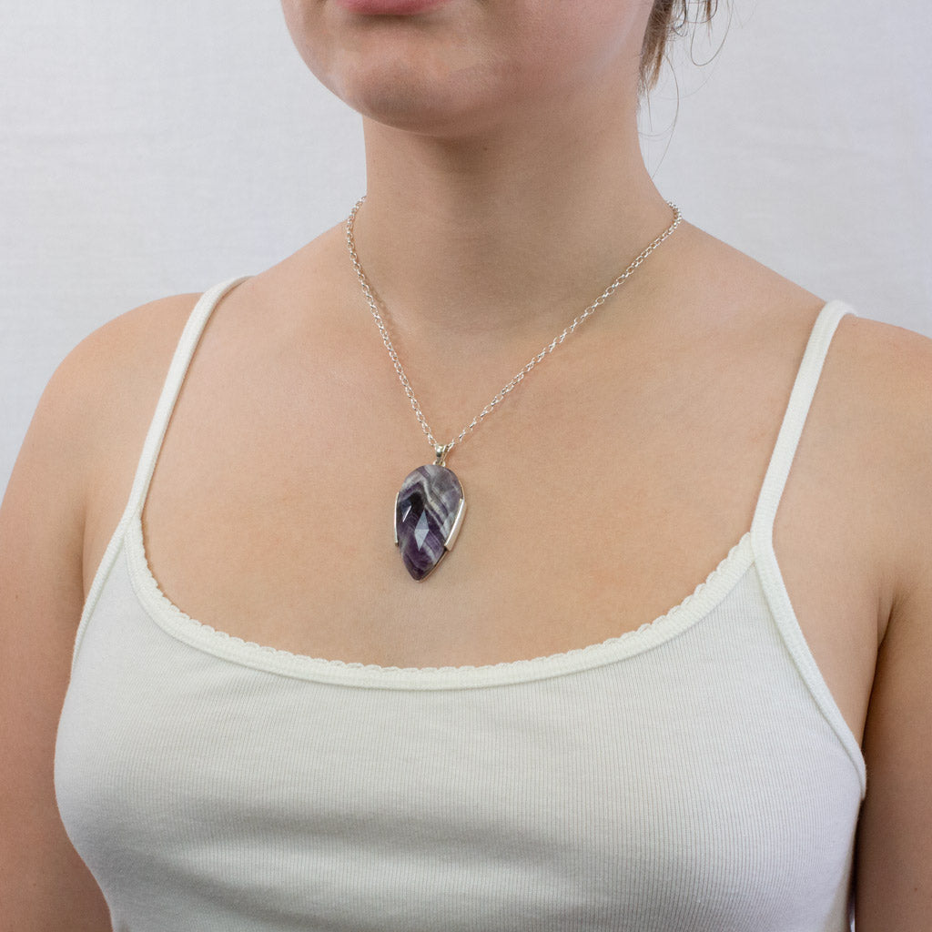 STERLING SILVER LARGE AMETHYST AND DIAMOND PENDANT NECKLACE